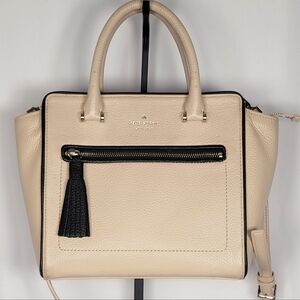 Kate Spade Cream Pebbled Leather Satchel Crossbody Bag Tassel Accent
